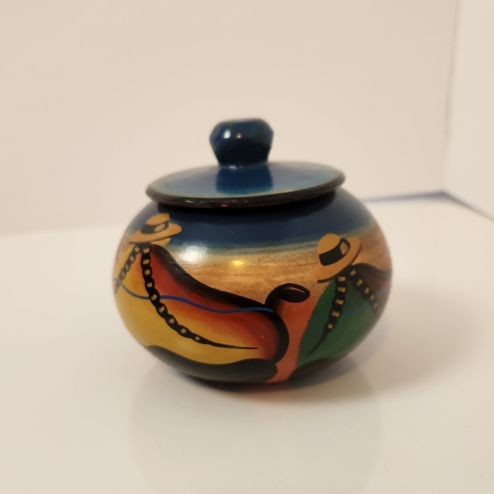 Vintage Peru Handpainted Art Pottery Small Round Clay Pot Lid Boho Folk Art